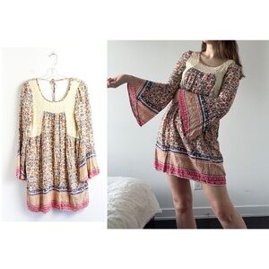 NWOT Allison Brittney bell sleeve dress bohemian cottagecore peasant S lace pink